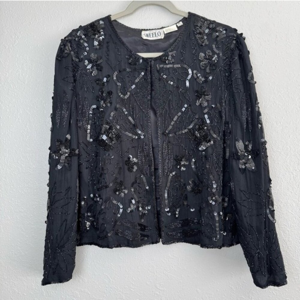 Swee Lo vintage 80s sequin beaded silk black jacket XL